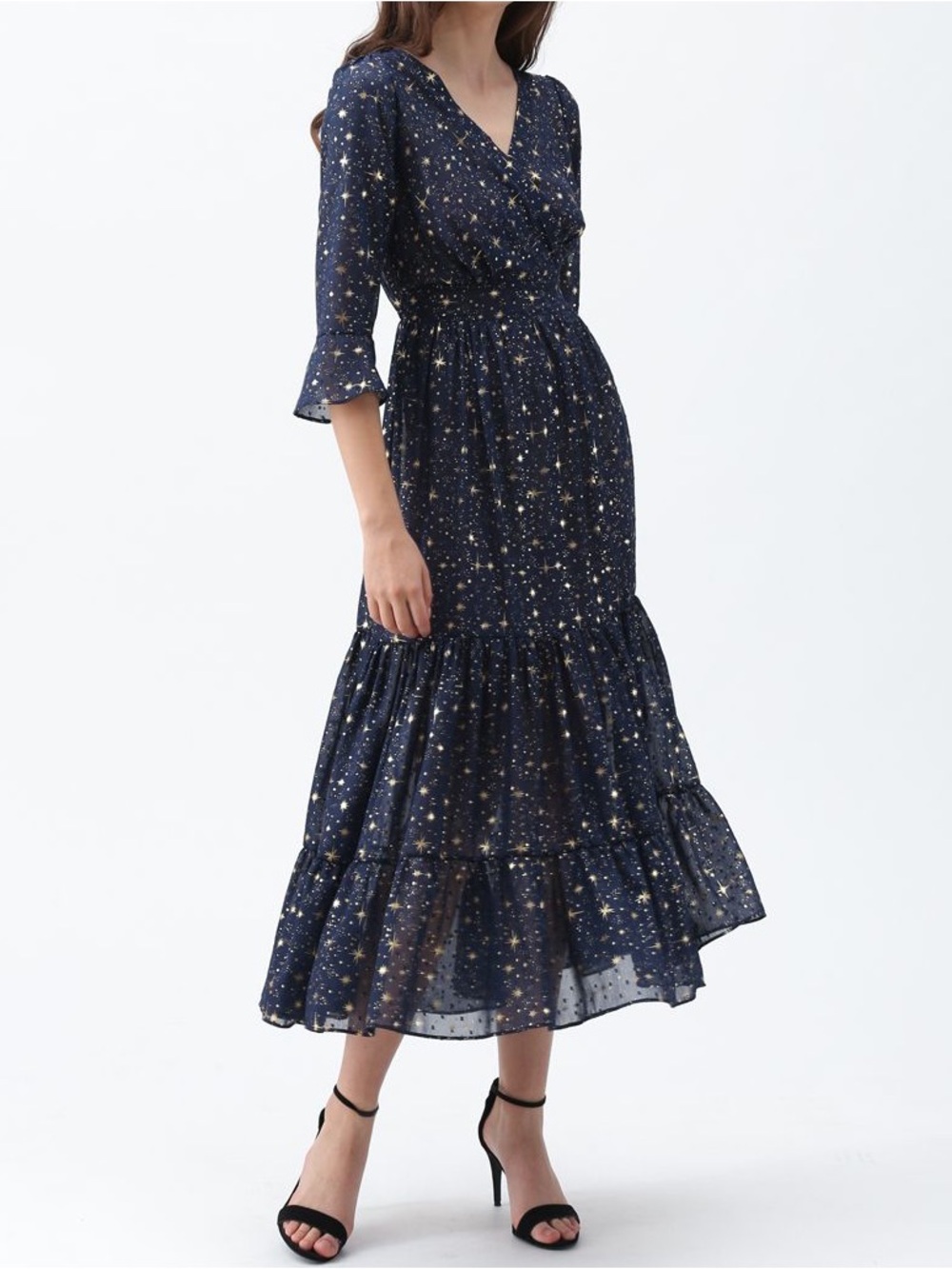 Chicwish Glory Of Love Star Space Celestial Print Maxi Dress Navy Blue Gold XXL